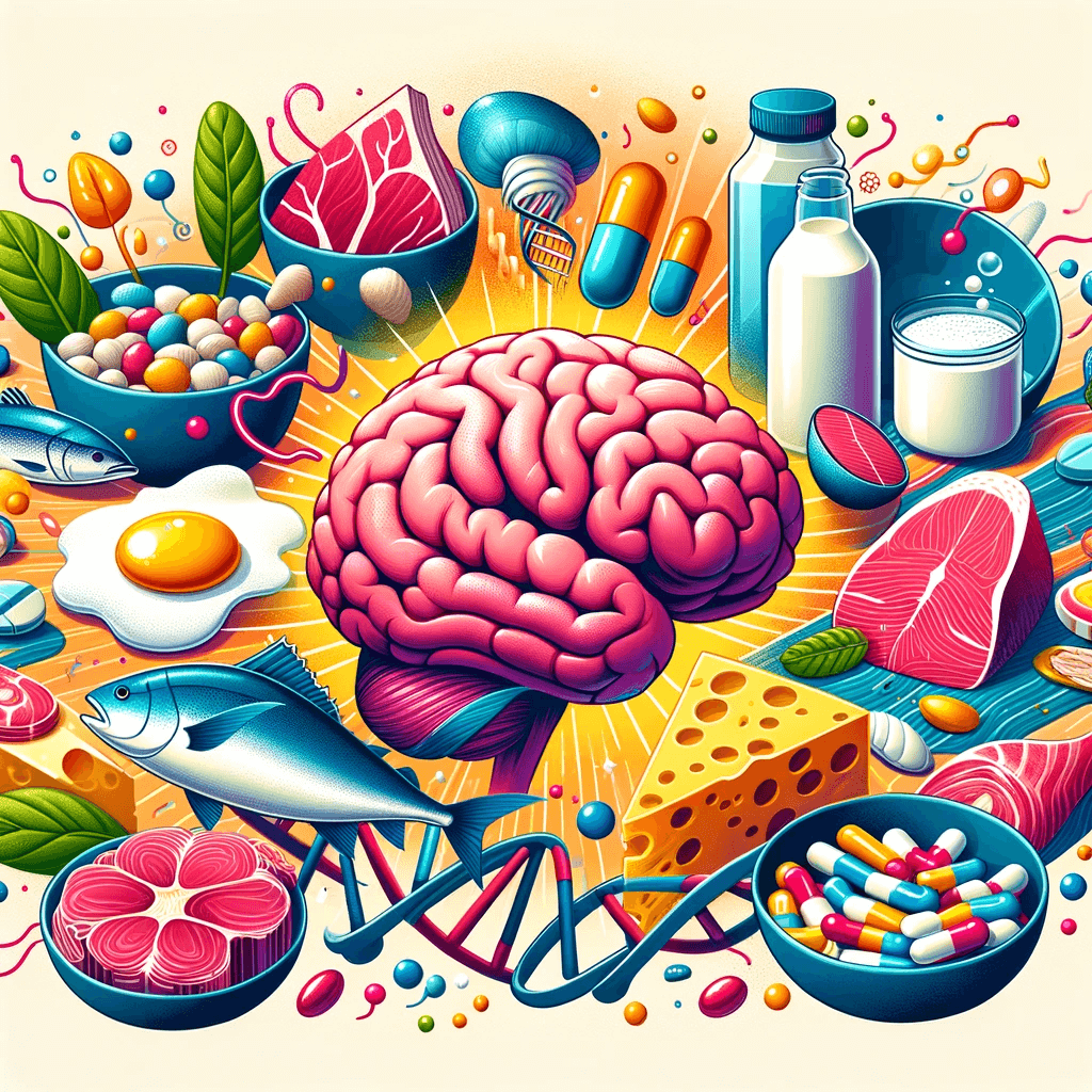 A imagem mostra uma variedade de alimentos ricos em Vitamina B12, incluindo carne vermelha, peixe, laticínios como queijo e leite, e um ovo. Há também representações de um cérebro e uma hélice de DNA, simbolizando o impacto da B12 na saúde mental e material genético. Suplementos de vitamina B12 em forma de pílulas e cápsulas estão presentes na imagem, que possui um fundo vibrante e abstrato, transmitindo vitalidade e saúde.