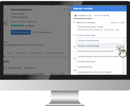 Outra captura de tela de um website de agendamento de consultas com um cursor indicando a seleção do tipo de visita de uma lista suspensa. A interface exibe opções como "Primeira consulta Nutrição" e "Acompanhamento nutricional no Diabetes".