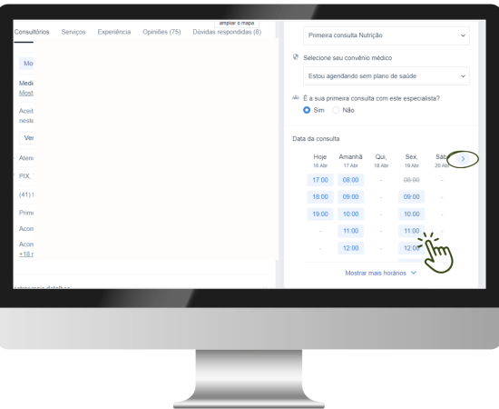 Captura de tela de um calendário de agendamento em um site de consulta nutricional, com um cursor selecionando um horário. A tela mostra a disponibilidade de horários para consultas e um botão para avançar para a próxima etapa.