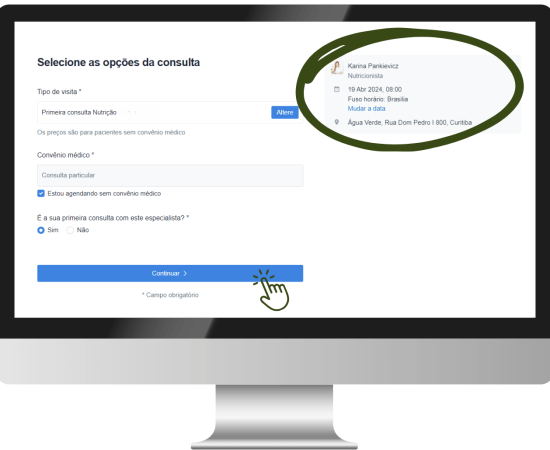 Captura de tela da etapa final de um processo de agendamento de consulta online, com um pop-up detalhando informações do nutricionista e a opção de alterar a data da consulta. Um cursor está prestes a clicar em um botão "Continuar".