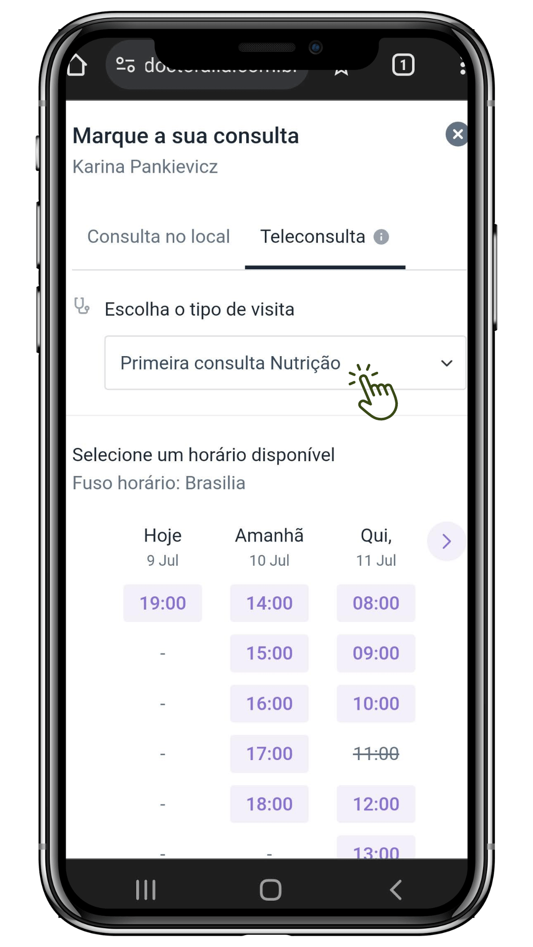 2 - Selecione "Teleconsulta" e escolha o motivo da consulta, caso você não saiba responder, mantenha "Primeira consulta Nutrição"