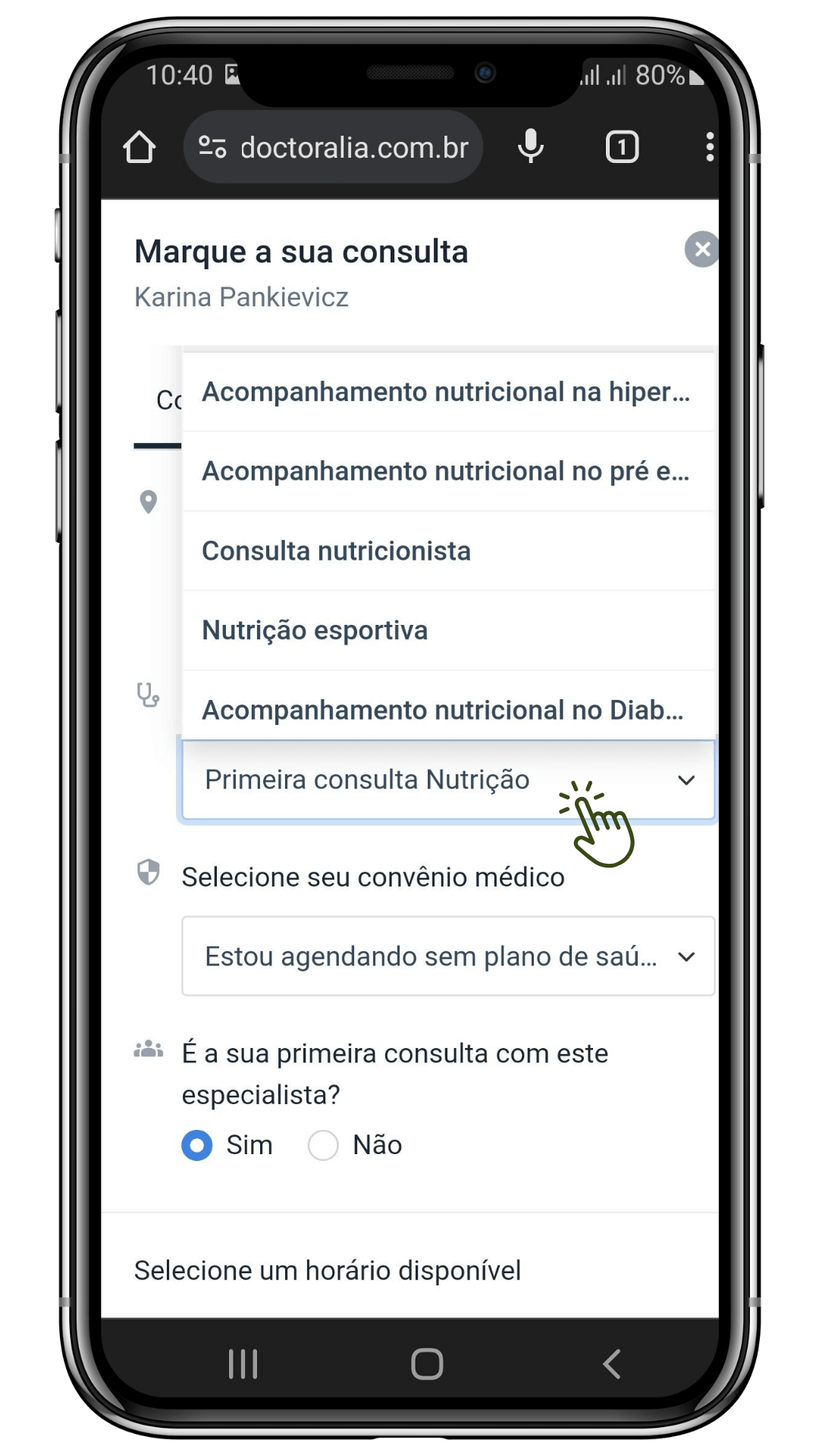 Outra captura de tela no smartphone com o menu suspenso para escolher o tipo de visita de uma consulta nutricional. O cursor está selecionando uma opção do menu.