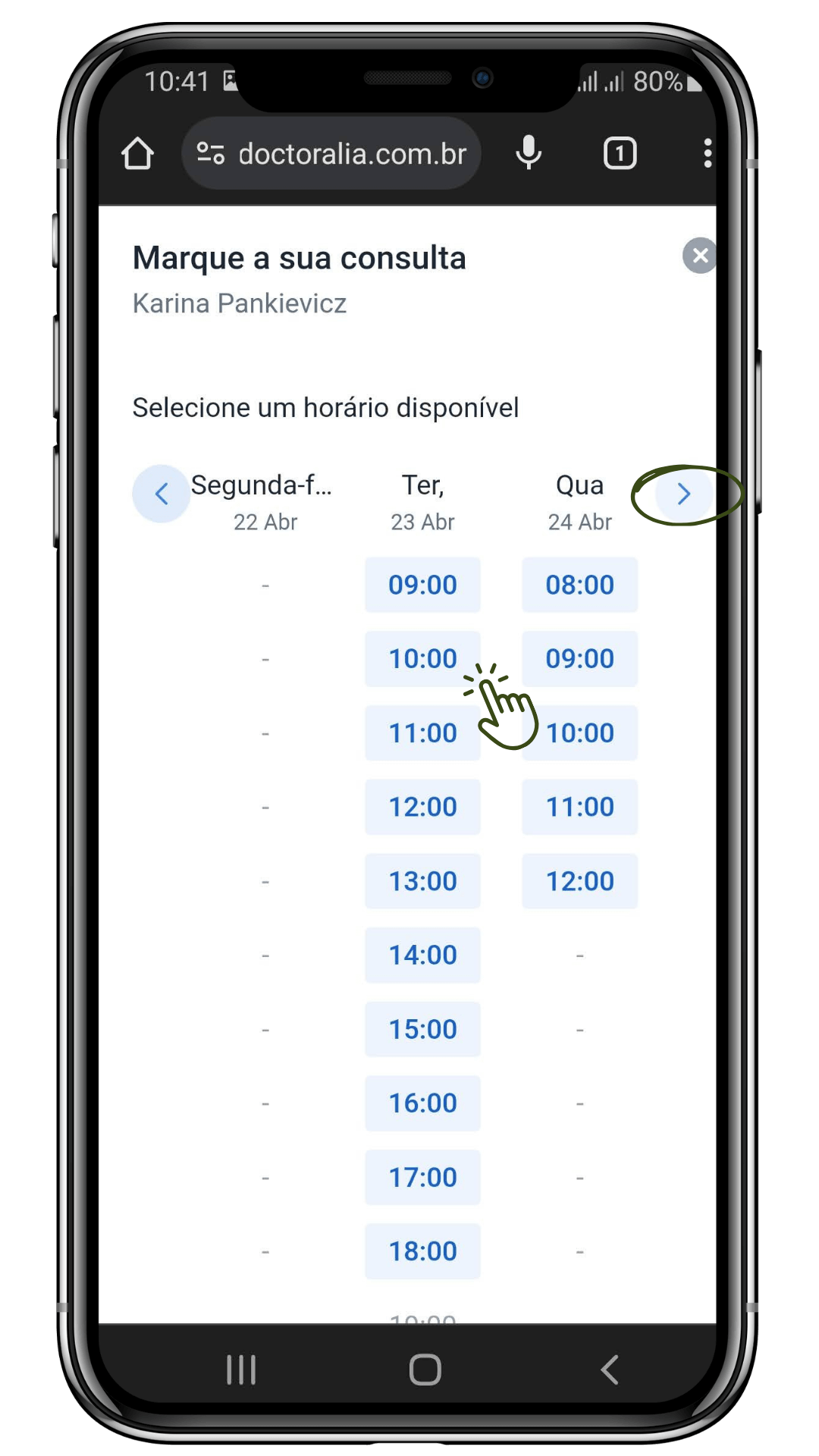 A tela do smartphone mostrando um calendário de agendamento de consultas com horários disponíveis. O cursor está indicando um horário específico para seleção.