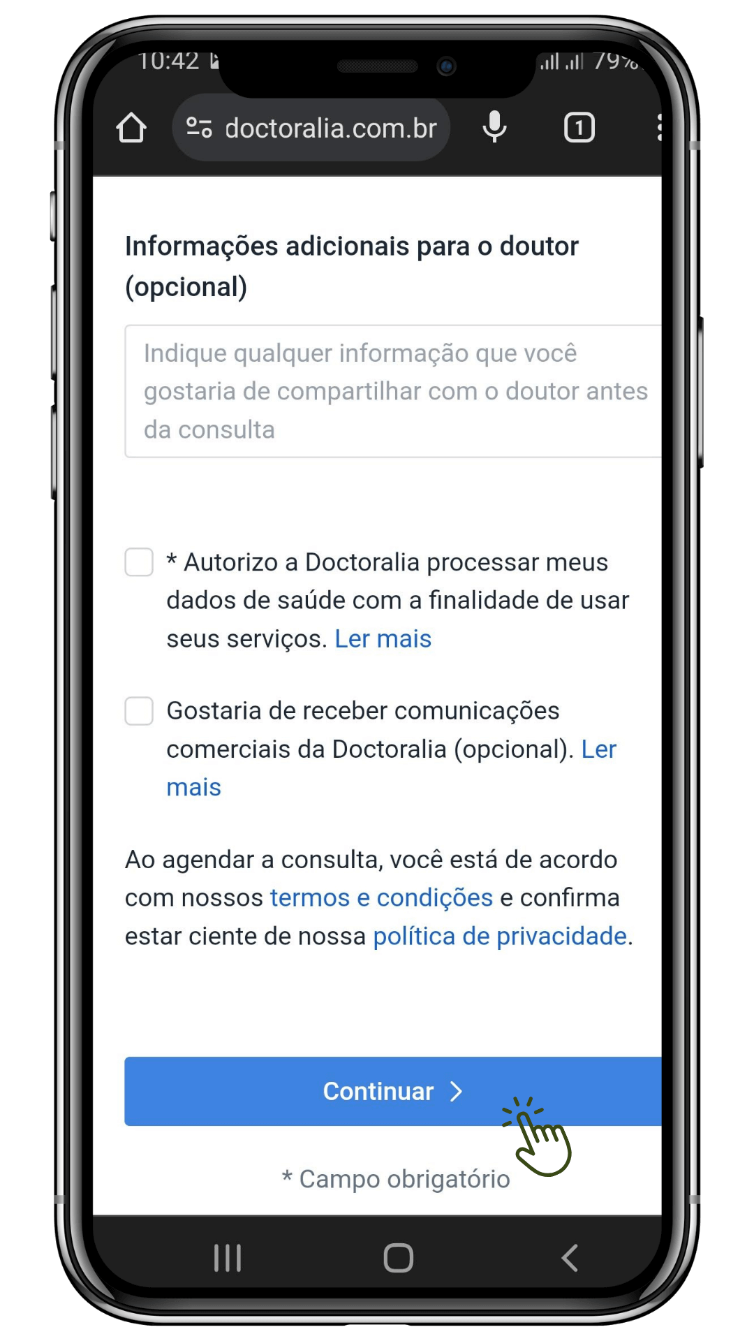 Parte de um formulário de agendamento em um smartphone onde se pode adicionar informações adicionais para o médico. Inclui opções para autorizar o processamento de dados de saúde e para receber comunicações comerciais, além de um botão "Continuar".